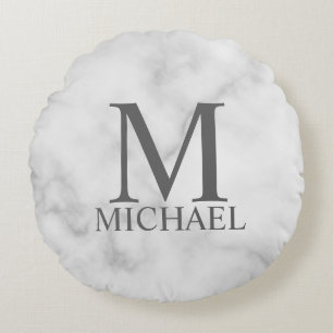 White Marble Persoonlijke Monogram en Naam Rond Kussen