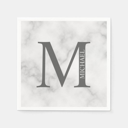 White Marble Persoonlijke Monogram en Naam Servet (Voorkant)