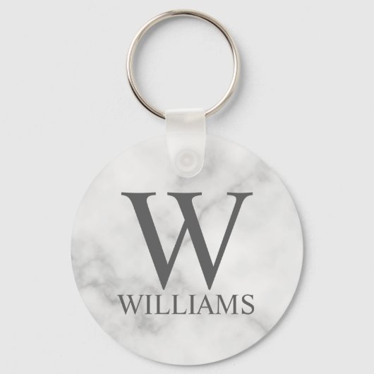 White Marble Persoonlijke Monogram en Naam Sleutelhanger (Voorkant)