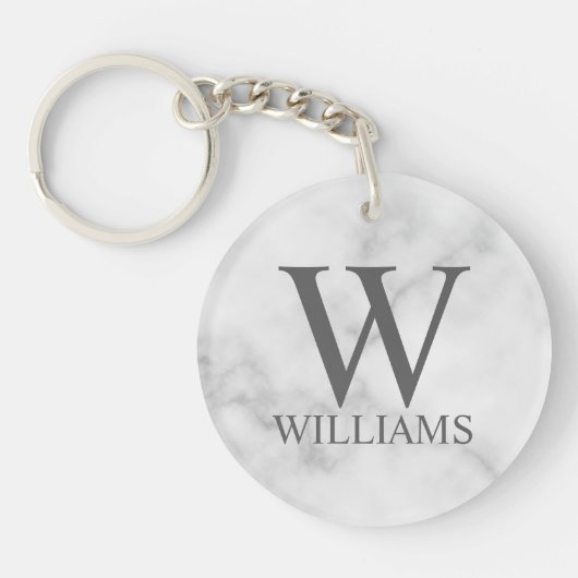 White Marble Persoonlijke Monogram en Naam Sleutelhanger (Voorkant)
