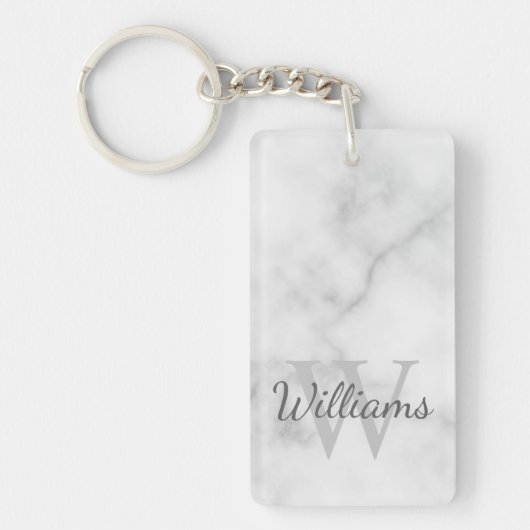 White Marble Persoonlijke Monogram en Naam Sleutelhanger (Voorkant)