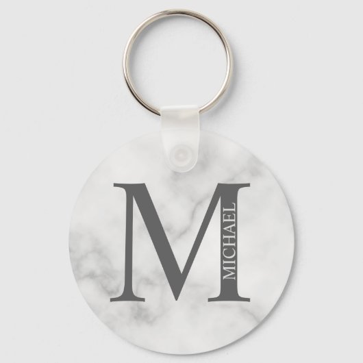 White Marble Persoonlijke Monogram en Naam Sleutelhanger (Voorkant)