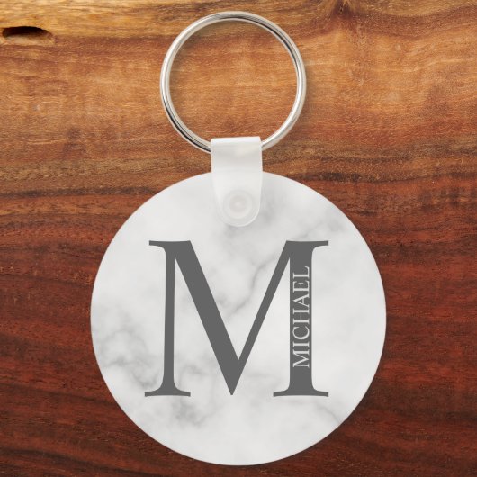 White Marble Persoonlijke Monogram en Naam Sleutelhanger (Voorkant)