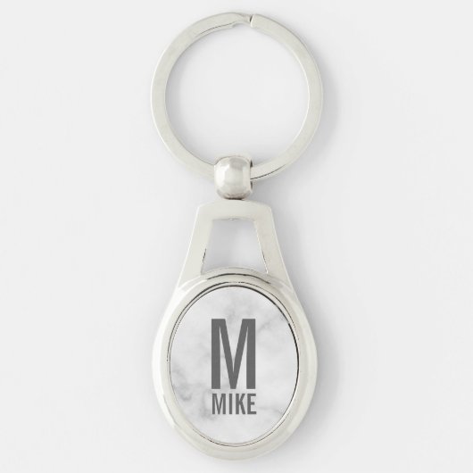 White Marble Persoonlijke Monogram en Naam Sleutelhanger (Voorkant)