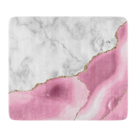White marble Pink Agate Gold Glitter Snijplank (Voorkant)