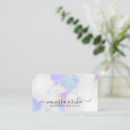 White Marble Rainbow Holographic Beauty Service Visitekaartje (Staand voorkant)