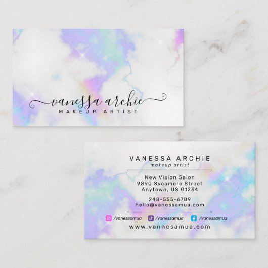 White Marble Rainbow Holographic Beauty Service Visitekaartje (Voorkant / Achterkant)