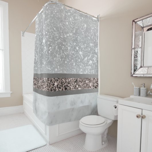 White marble Roos Gold Glitter Stripe Glam #1 Douchegordijn (In situ)