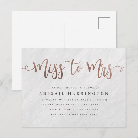 White Marble & Roos Gold Miss voor Mrs. Vrijgezell Uitnodiging Briefkaart (Voorkant / Achterkant)