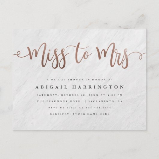 White Marble & Roos Gold Miss voor Mrs. Vrijgezell Uitnodiging Briefkaart (Voorkant)
