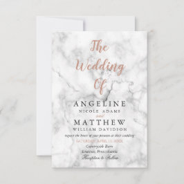 White marble Roos Gold Modern Wedding Invitations Kaart