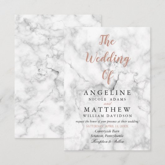 White marble Roos Gold Modern Wedding Invitations Kaart (Voorkant / Achterkant)