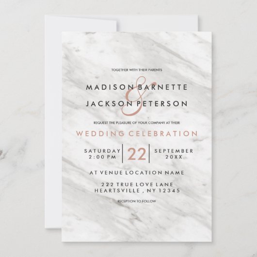 White marble Roos Gold Modern Wedding Invitations Kaart (Voorkant)