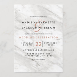 White marble Roos Gold Modern Wedding Invitations Kaart