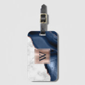 White marble Roos Gold Navy Blue Agate Monogram Bagagelabel (Voorkant (verticaal))
