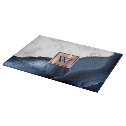 White marble Roos Gold Navy Blue Agate Monogram Snijplank (Hoek)