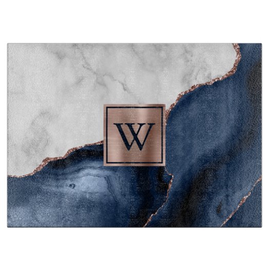 White marble Roos Gold Navy Blue Agate Monogram Snijplank (Voorkant)