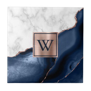 White marble Roos Gold Navy Blue Agate Monogram Tegeltje