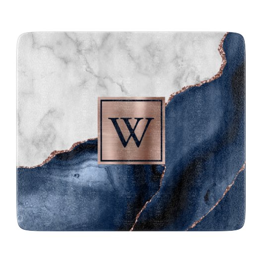 White marble Roos Gold Navy Blue Agate Monogram Tr Snijplank (Voorkant)