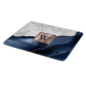 White marble Roos Gold Navy Blue Agate Monogram Tr Snijplank (Hoek)