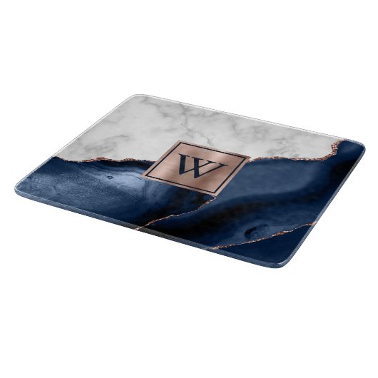 White marble Roos Gold Navy Blue Agate Monogram Tr Snijplank (Hoek)