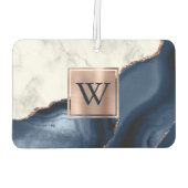 White Marble Rose Gold Navy Blue Agate Monogram Luchtverfrisser (Achterkant)