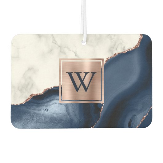 White Marble Rose Gold Navy Blue Agate Monogram Luchtverfrisser (Voorkant)