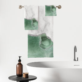 White marble Sage Green Agate Silver Glitter Bad Handdoek
