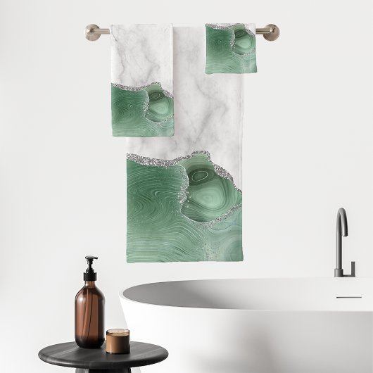 White marble Sage Green Agate Silver Glitter Bad Handdoek