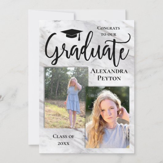 White Marble Script 2 Photo Afstuderen Kaart (Voorkant)