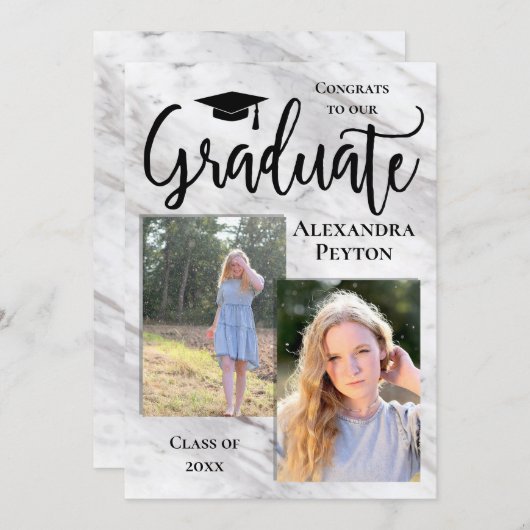 White Marble Script 2 Photo Afstuderen Kaart (Voorkant / Achterkant)