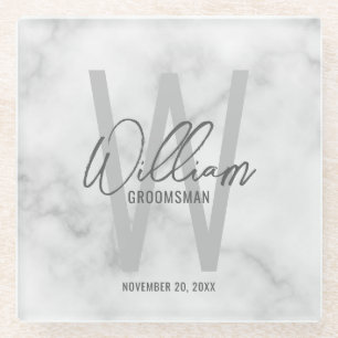 White Marble Script Specialized Groomsman's Name Glazen Onderzetter