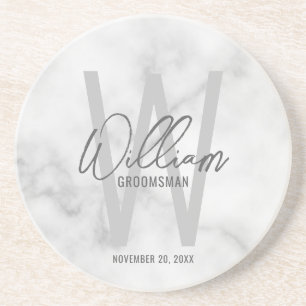 White Marble Script Specialized Groomsman's Name Zandsteen Onderzetter