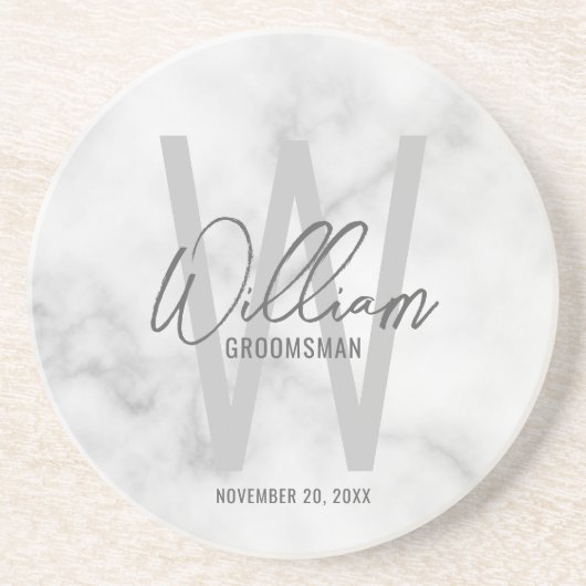 White Marble Script Specialized Groomsman's Name Zandsteen Onderzetter (Voorkant)