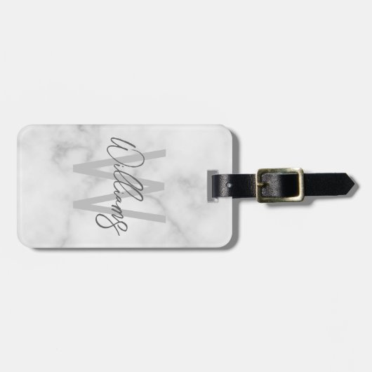 White Marble Script Specialized Monogram and Name Bagagelabel (Voorkant horizontaal)