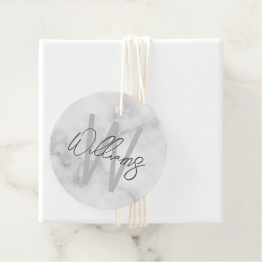 White Marble Script Specialized Monogram and Name Bedankjes Labels (In situ)