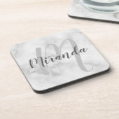 White Marble Script Specialized Monogram and Name Bier Onderzetter (Linkerzijde)