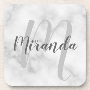 White Marble Script Specialized Monogram and Name Bier Onderzetter