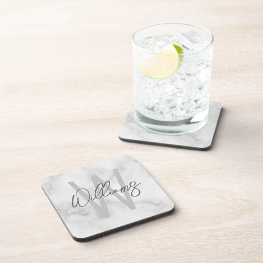 White Marble Script Specialized Monogram and Name Bier Onderzetter (Rechterzijde)