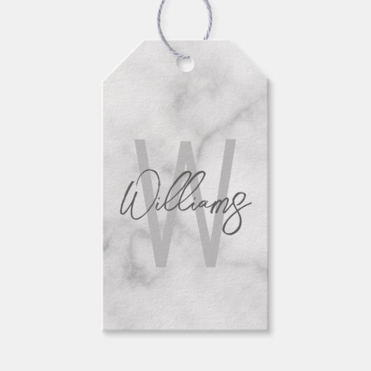 White Marble Script Specialized Monogram and Name Cadeaulabel (Voorkant)