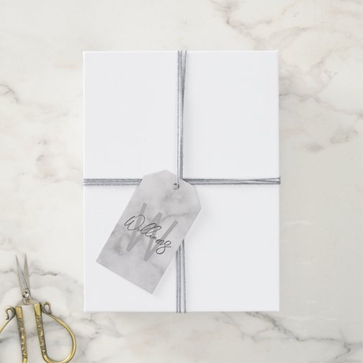 White Marble Script Specialized Monogram and Name Cadeaulabel (Met Touw)