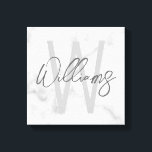 White Marble Script Specialized Monogram and Name Canvas Afdruk<br><div class="desc">Moderne,  minimalistische persoonlijke monogram en naam geeft dit ontwerp een gepersonaliseerde naam in de grijze moderne,  moderne tekenstijl voor handschrift en monogram in lichte grijze moderne sans serif lettertypestijl als achtergrond,  op witte marmerachtergrond.</div>