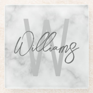 White Marble Script Specialized Monogram and Name Glazen Onderzetter