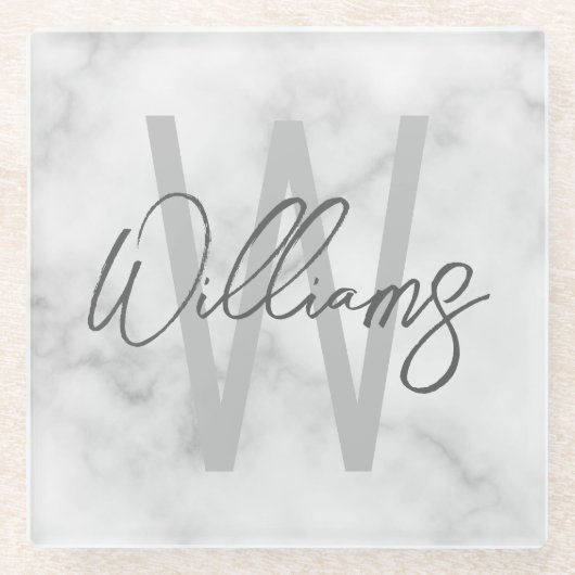 White Marble Script Specialized Monogram and Name Glazen Onderzetter (Voorkant)