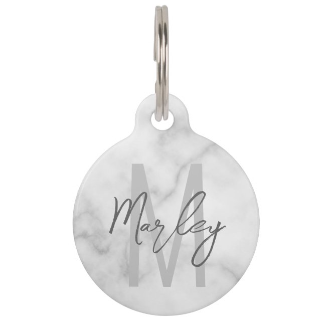 White Marble Script Specialized Monogram and Name Huisdierpenning (Voorkant)