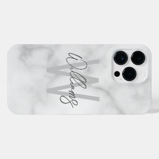 White Marble Script Specialized Monogram and Name iPhone Hoesje (Achterkant horizontaal)