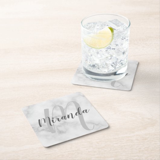 White Marble Script Specialized Monogram and Name Kartonnen Onderzetters (Insitu)