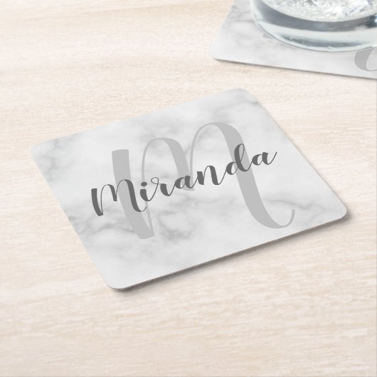 White Marble Script Specialized Monogram and Name Kartonnen Onderzetters (Schuin)