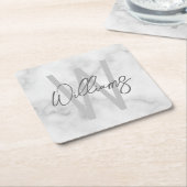 White Marble Script Specialized Monogram and Name Kartonnen Onderzetters (Schuin)