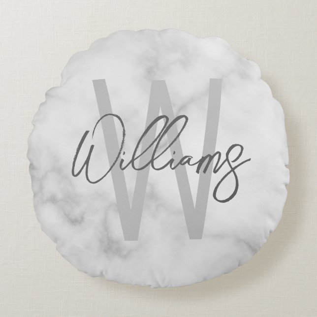 White Marble Script Specialized Monogram and Name Rond Kussen (Voorkant)